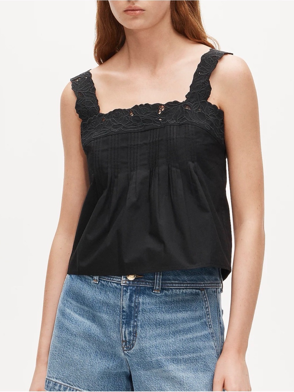 J. Crew Lace-trim tank top in compact poplin Black Sz S NWT $98